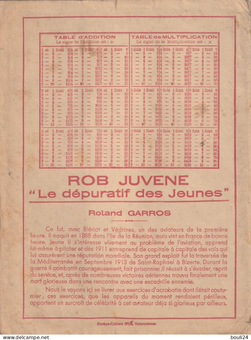 PROTEGE CAHIER ANCIEN ROB JUVENE AVIATEURS CELEBRES  ROLAND GARROS    VOIR VERSO - Protège-cahiers