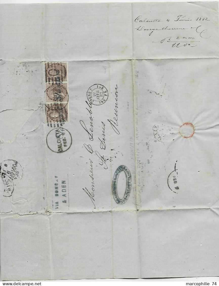 INDIA ONE ANNA BANDE DE 3 LETTRE CALCUTTA SURCHARGE STAMPED 1882 COVER VIA BOMBAY ADEN TO SAINT DENIS REUNION - 1882-1901 Empire