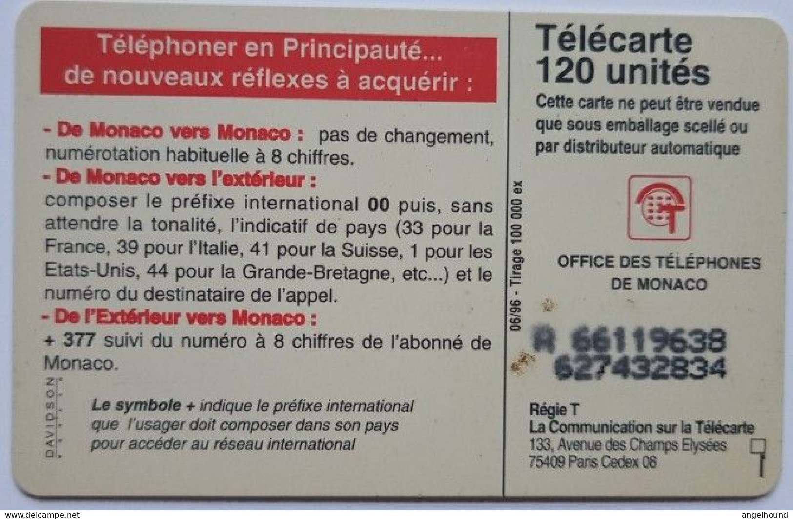 Monaco 120 Units Chip Card - 377  Changement De Numerotation - Monaco