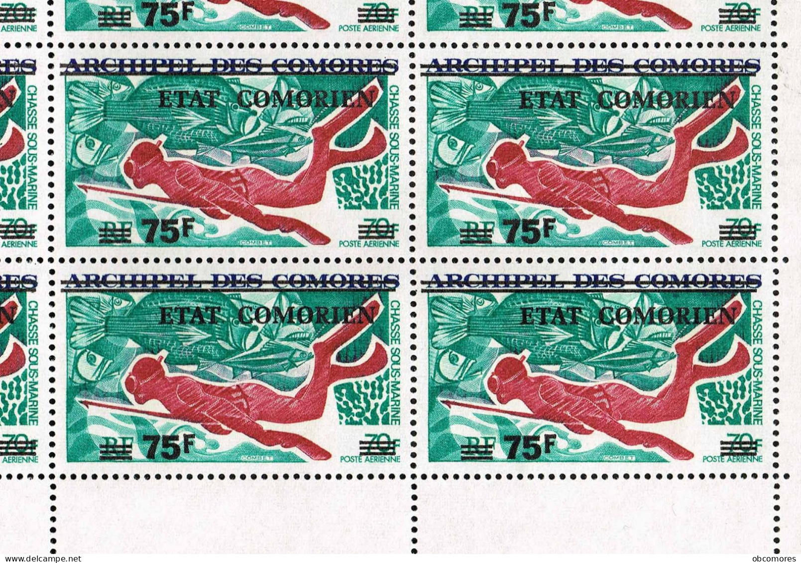 Comoros 1975 Overprint ETAT COMORIEN - Spearfishing - Chasse Sous-marine - Complete Sheet MNH Mi 235 YT PA 76 - CV 50 € - Plongée