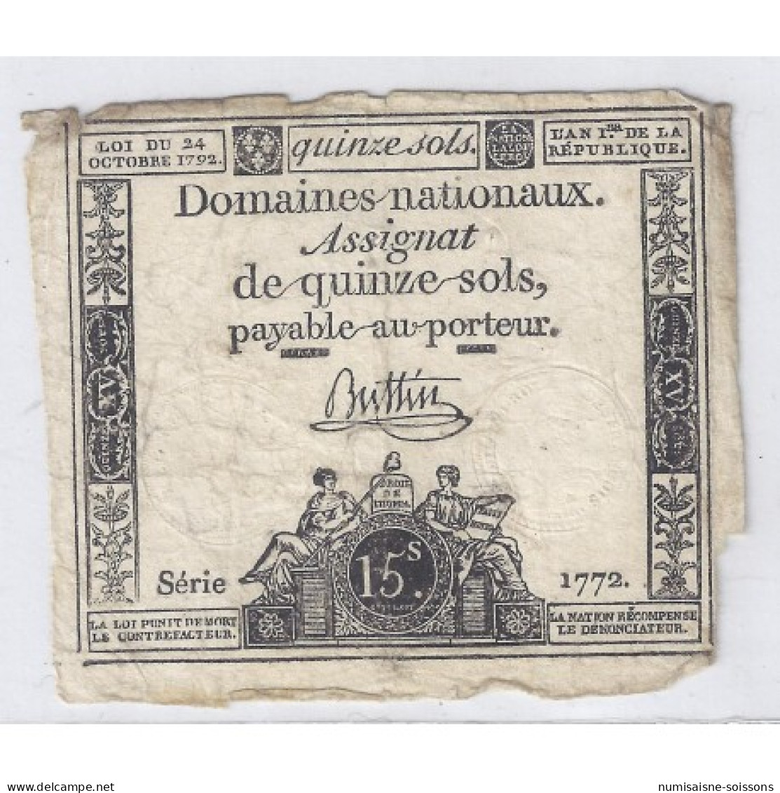 ASSIGNAT DE 15 SOLS - SERIE 1772 - 24/10/1792 - TB/TTB - Assegnati