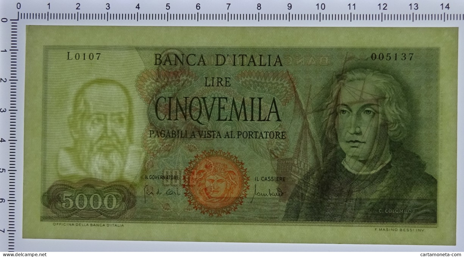 5000 LIRE CRISTOFORO COLOMBO I TIPO MEDUSA 20/01/1970 SPL+ - Autres & Non Classés