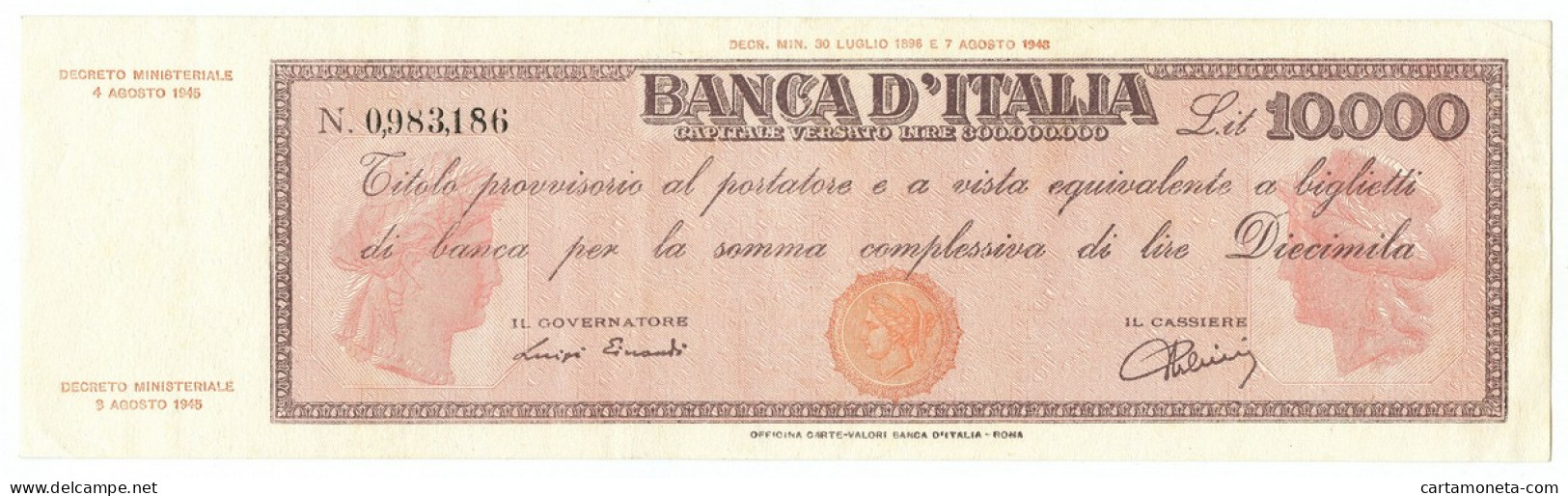 10000 LIRE TITOLO PROVVISORIO TESTINA LUOGOTENENZA UMBERTO 04/08/1945 SPL- - Otros