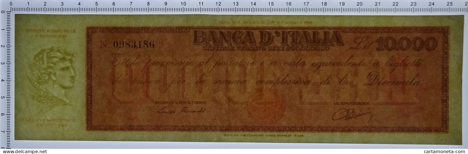 10000 LIRE TITOLO PROVVISORIO TESTINA LUOGOTENENZA UMBERTO 04/08/1945 SPL- - Regno D'Italia – Autres