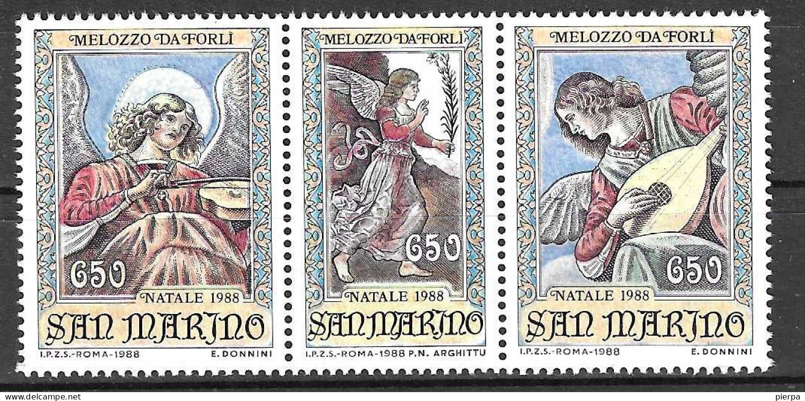 SAN MARINO - 1988 -NATALE - MELOZZO DA FORLI'  - TRITTICO -  NUOVO MNH** ( YVERT 1198\1200 - MICHEL 1404\6 - SS 1245\8) - Neufs