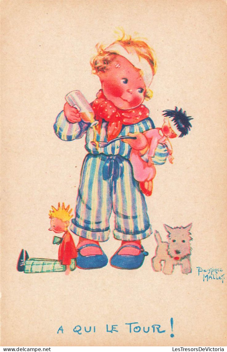 ENFANTS - Dessins D'enfants - A Qui Le Tour - Enfant En Pyjama - Beatrice Mallet - Carte Postale Ancienne - Children's Drawings