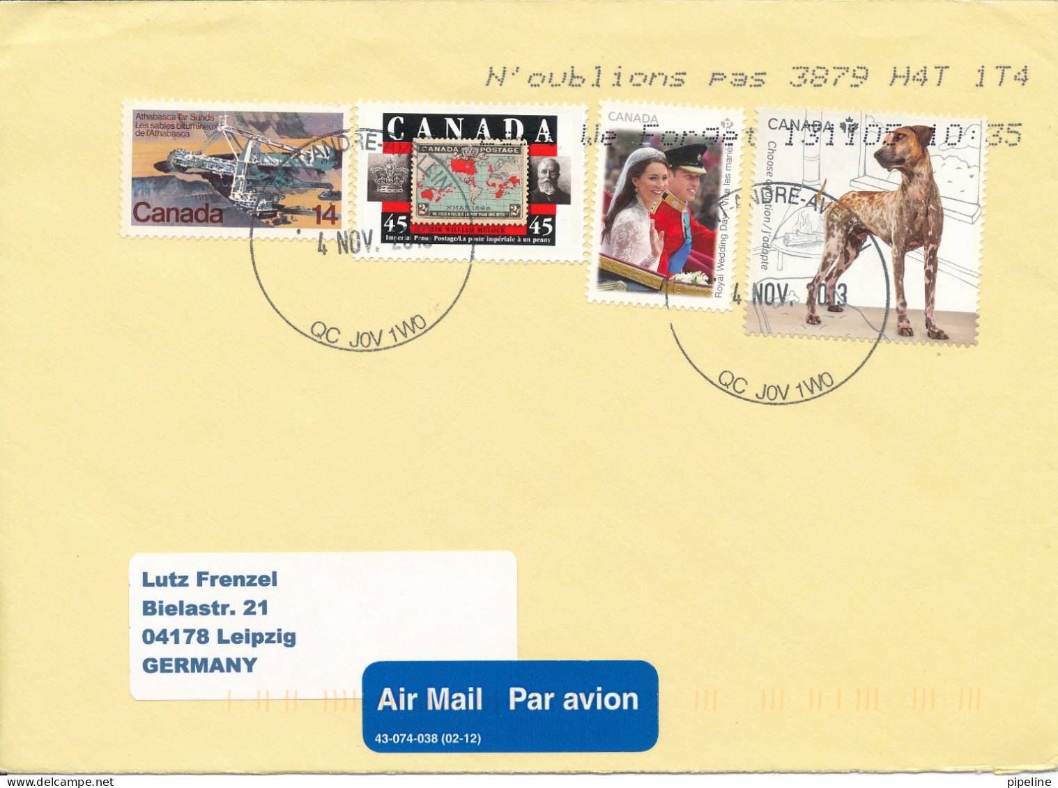 Canada Cover Sent Air Mail To Germany 4-11-2013 Topic Stamps - Poste Aérienne