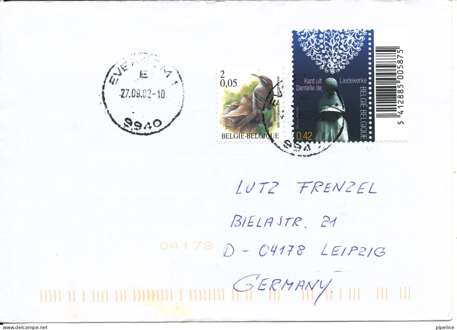 Belgium Cover Sent To Germany 27-9-2002 - Briefe U. Dokumente