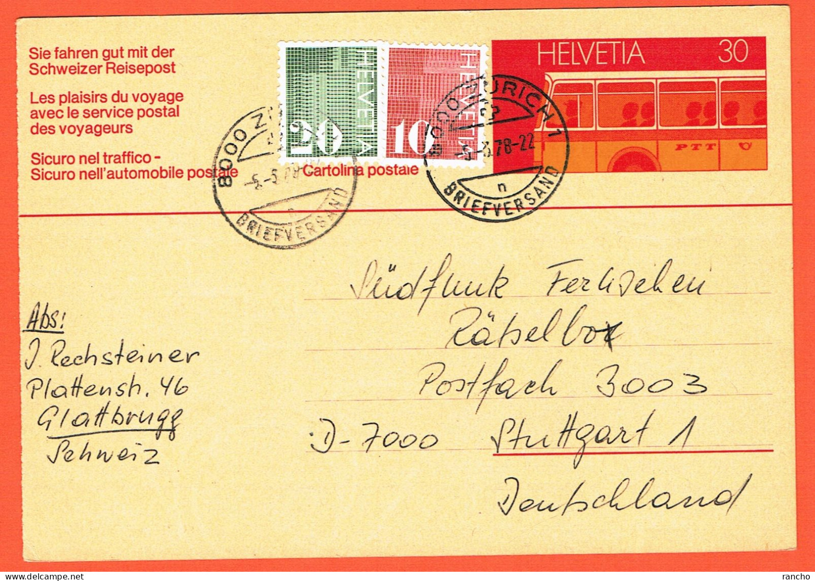 SUISSE CARTE POSTALE . OBLITERE +2xTIMBRES Nr:483/484. ZÜRICH .5.3.1978. Pour . STUTTGARD . ALLEMAGNE . - Entiers Postaux