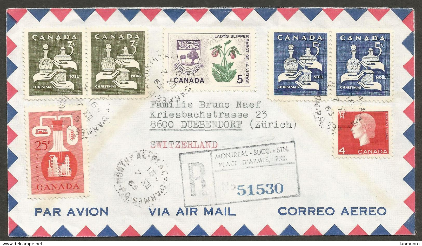 1965 Registered Cover 50c Chemical/Xmas/Flowers CDS Montreal Quebec PQ To Switzerland - Postgeschiedenis