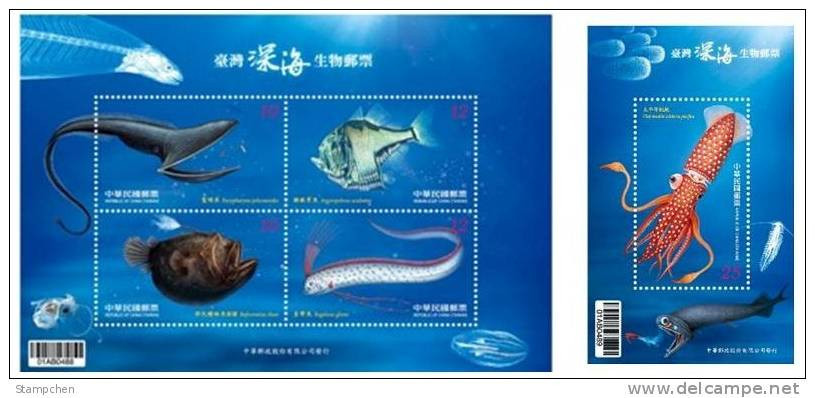 Set Of 2 Taiwan 2012 Deep-Sea Creatures Stamps S/s Creature Earthquake Fish Luminous Ink Hologram Foil Unusual - Unused Stamps