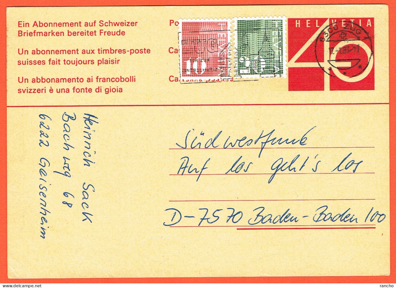 SUISSE CARTE POSTALE . OBLITERE +2xTIMBRES Nr:483/484. ZUG .17.1.1983. Pour . BADEN-BADEN . ALLEMAGNE . - Entiers Postaux