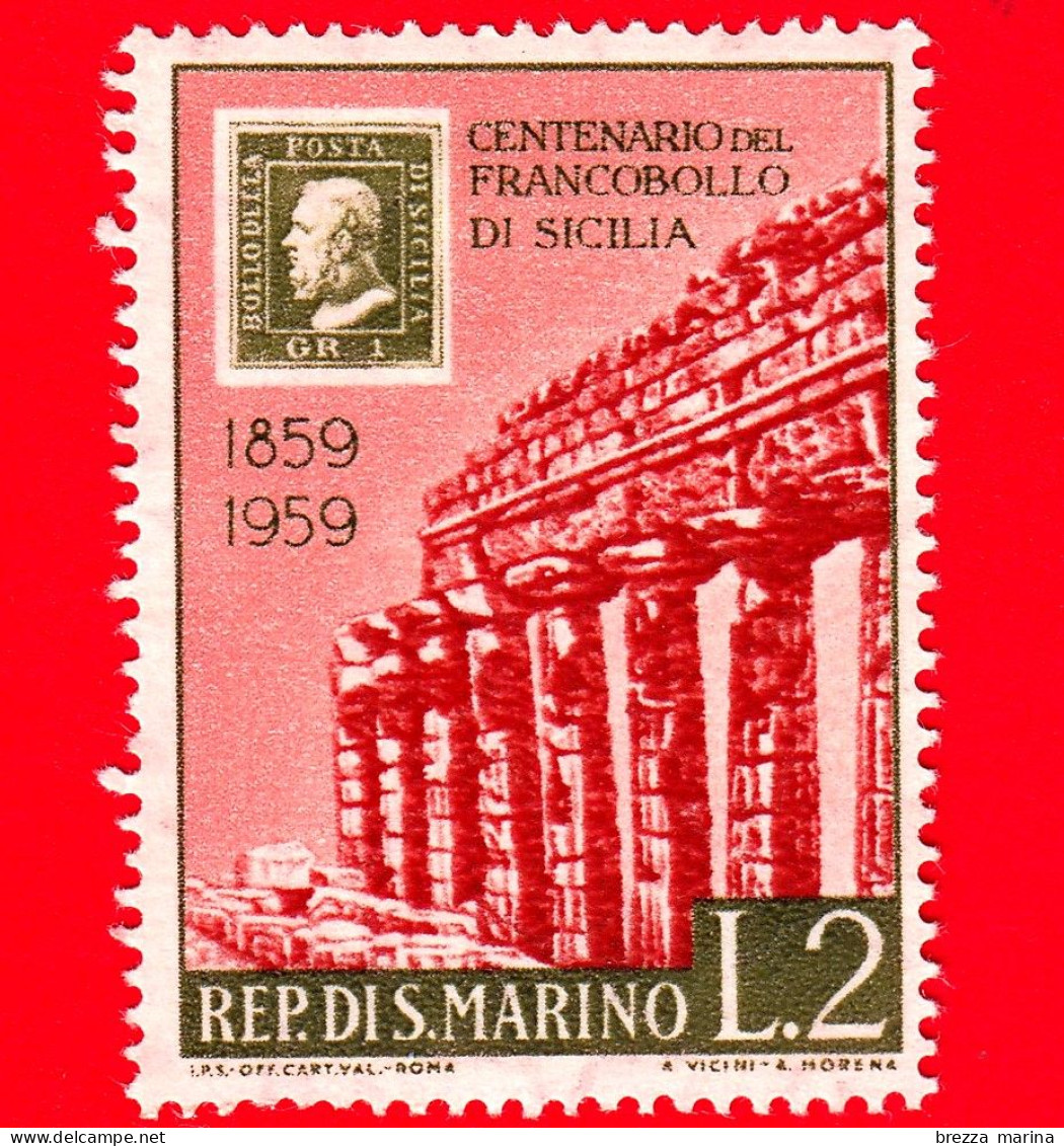 Nuovo - ML - SAN MARINO - 1959 - Centenario Dei Francobolli Di Sicilia - Tempio Di Selinunte - 2 L. - Neufs