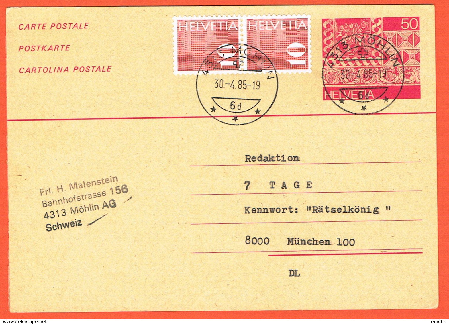 SUISSE CARTE POSTALE . OBLITERE +2xTIMBRES Nr:483. MÖHLIN .30.4.1985. Pour . MÜNCHEN . ALLEMAGNE . - Entiers Postaux