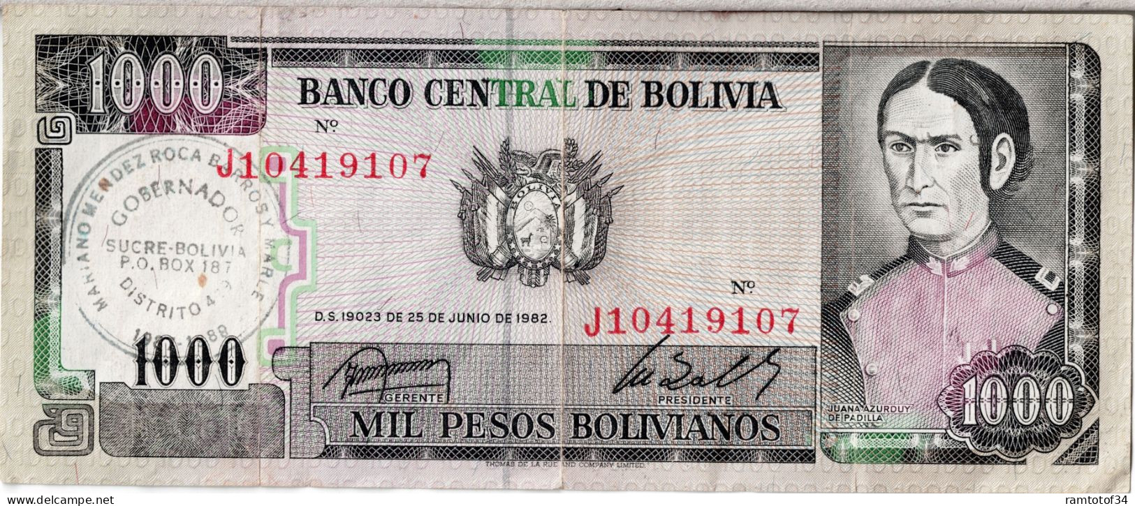 BOLIVIE - 1000 Pesos Bolivianos 1982 Avec Surgarge Tampon Sucre Bolivia - Bolivien