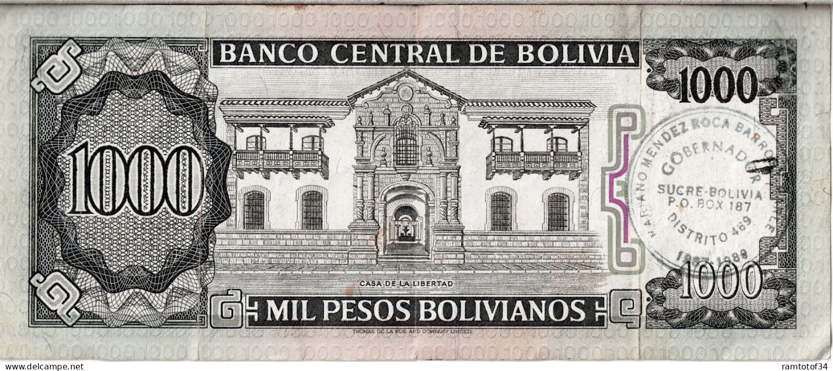 BOLIVIE - 1000 Pesos Bolivianos 1982 Avec Surgarge Tampon Sucre Bolivia - Bolivie