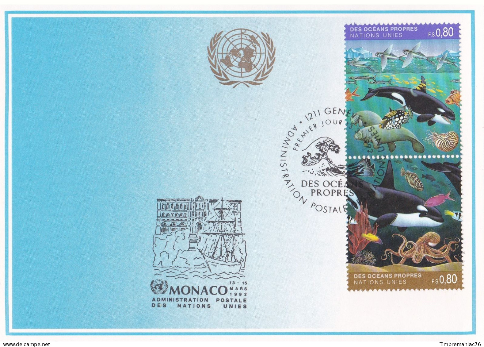 Nations Unies Genève. Carte Postale 1992 YT 225-226 Oblitérés 1er Jour - Cartoline Maximum