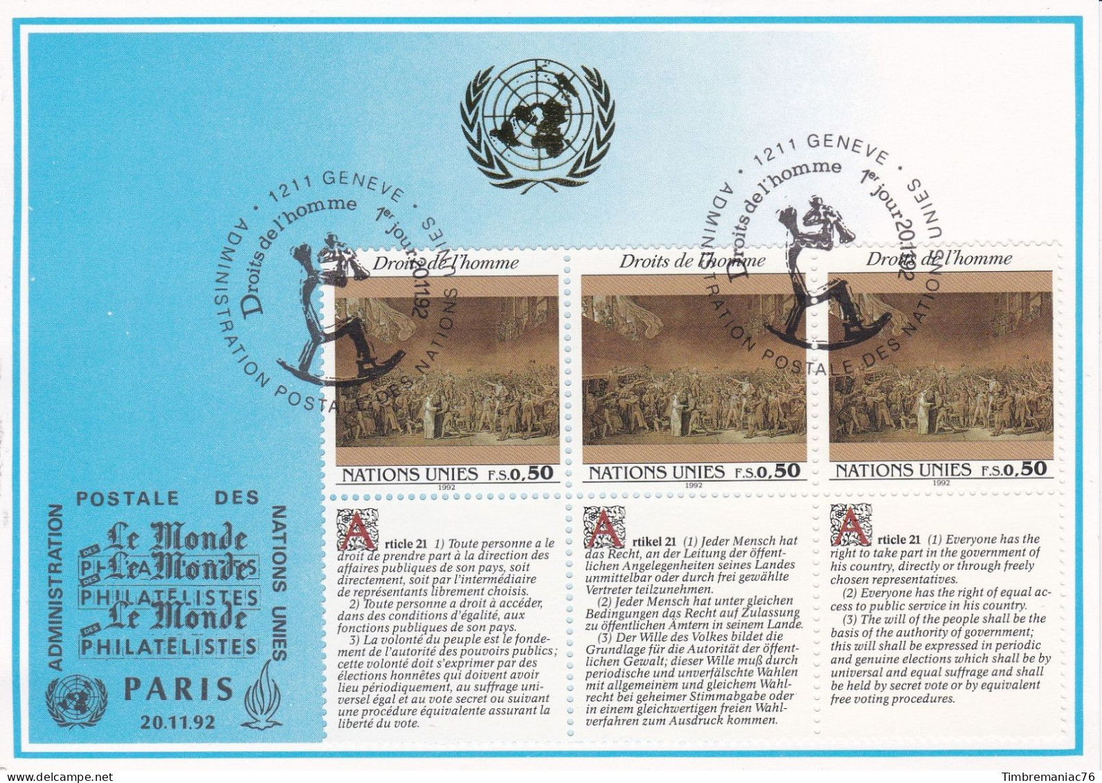 Nations Unies Genève. Carte Postale 1992 YT 235-236-237 Oblitérés 1er Jour - Maximumkaarten