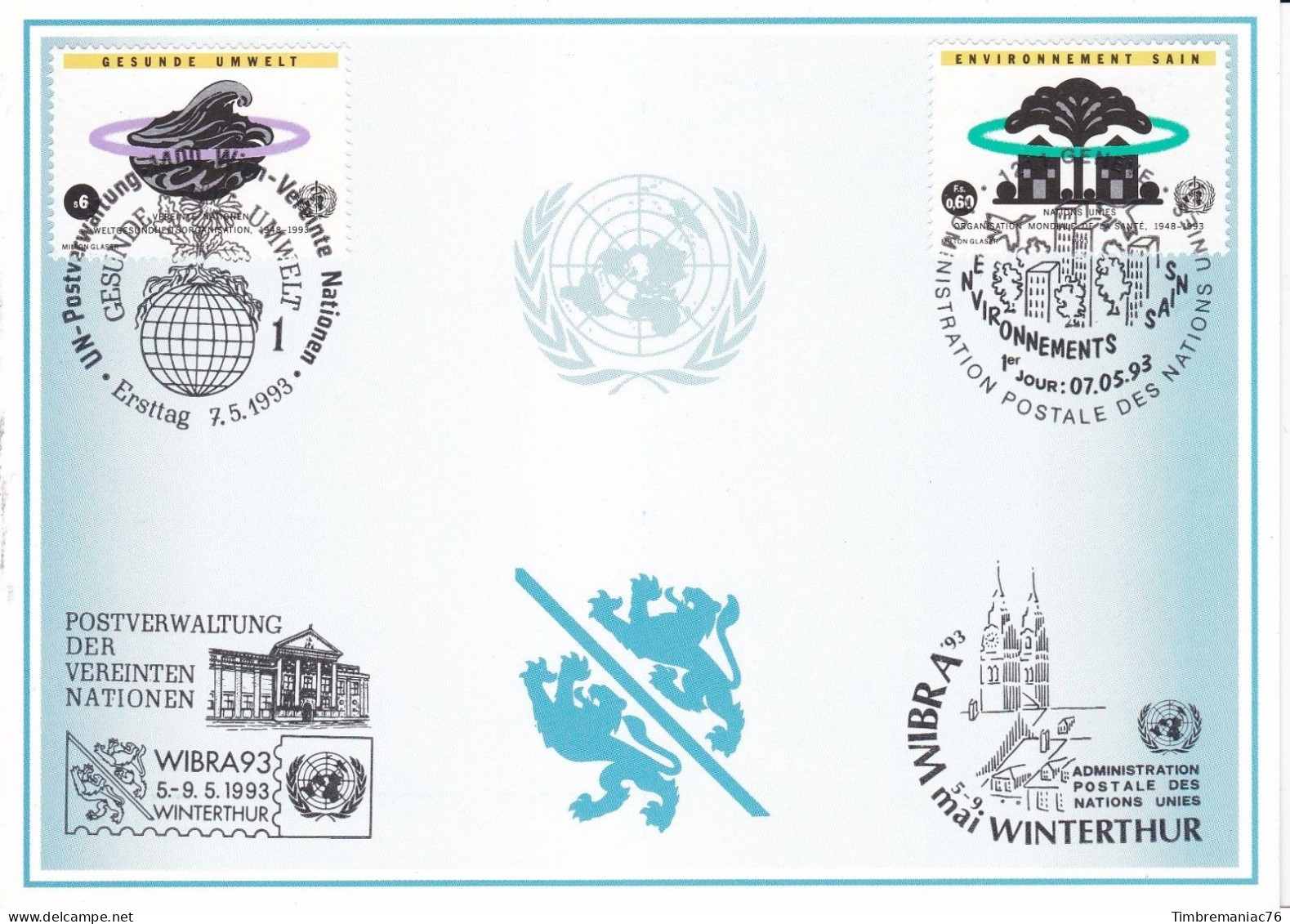 Nations Unies Genève. Carte Postale 1993 YT 247 Et YT163 Agence De Vienne Oblitérés 1er Jour - Maximumkarten