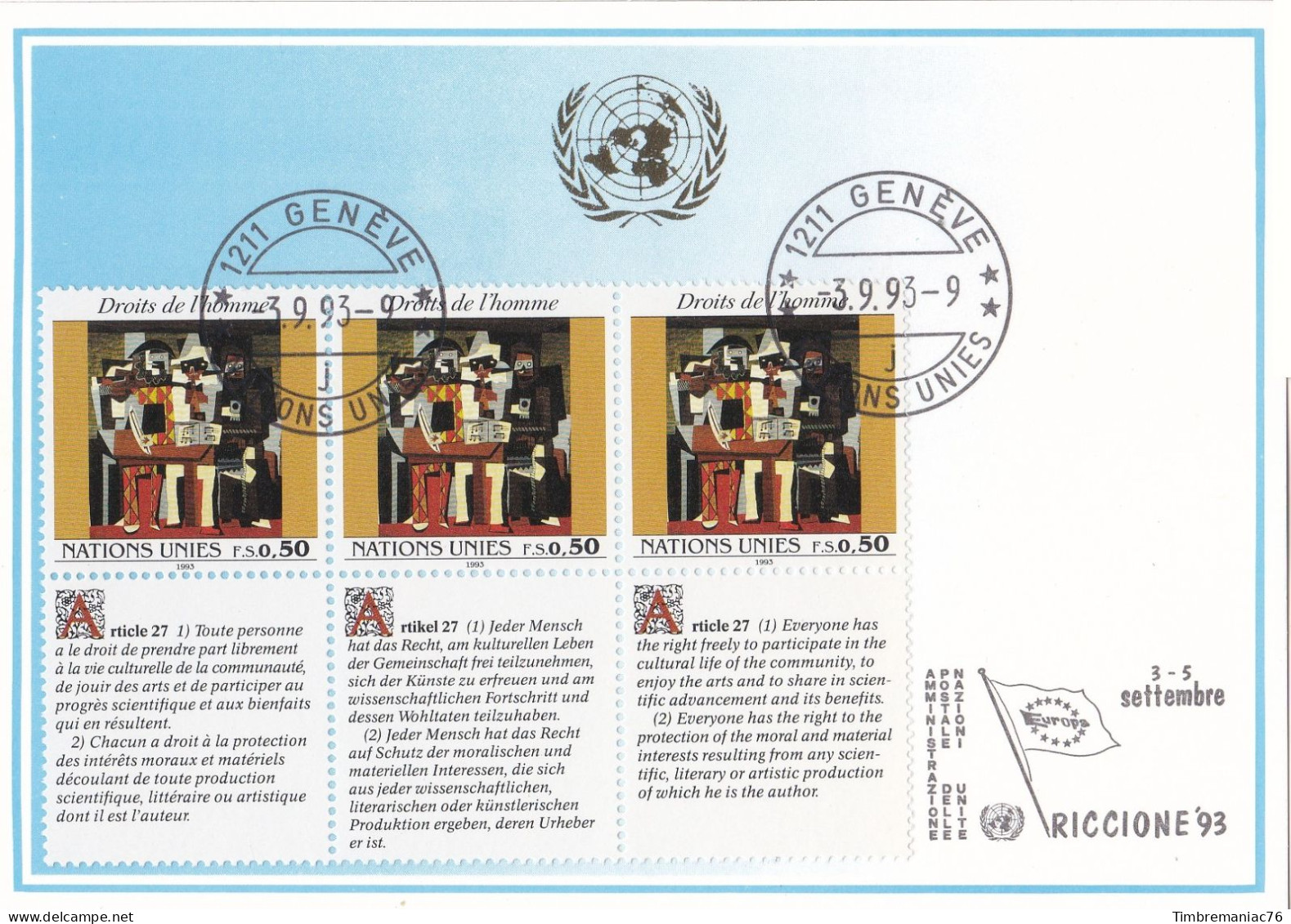 Nations Unies Genève. Carte Postale 1993 YT 249-250-251 Oblitérés 1er Jour - Cartes-maximum
