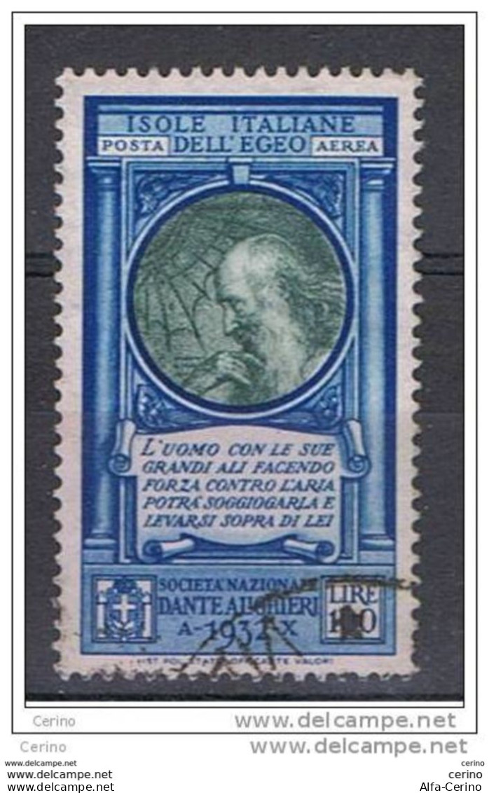 EGEO-RODI:  1932  P.A.  PRO  DANTE  -  £. 100  AZZURRO  E  OLIVA  US. -  SASS. 21 - Egeo (Rodi)
