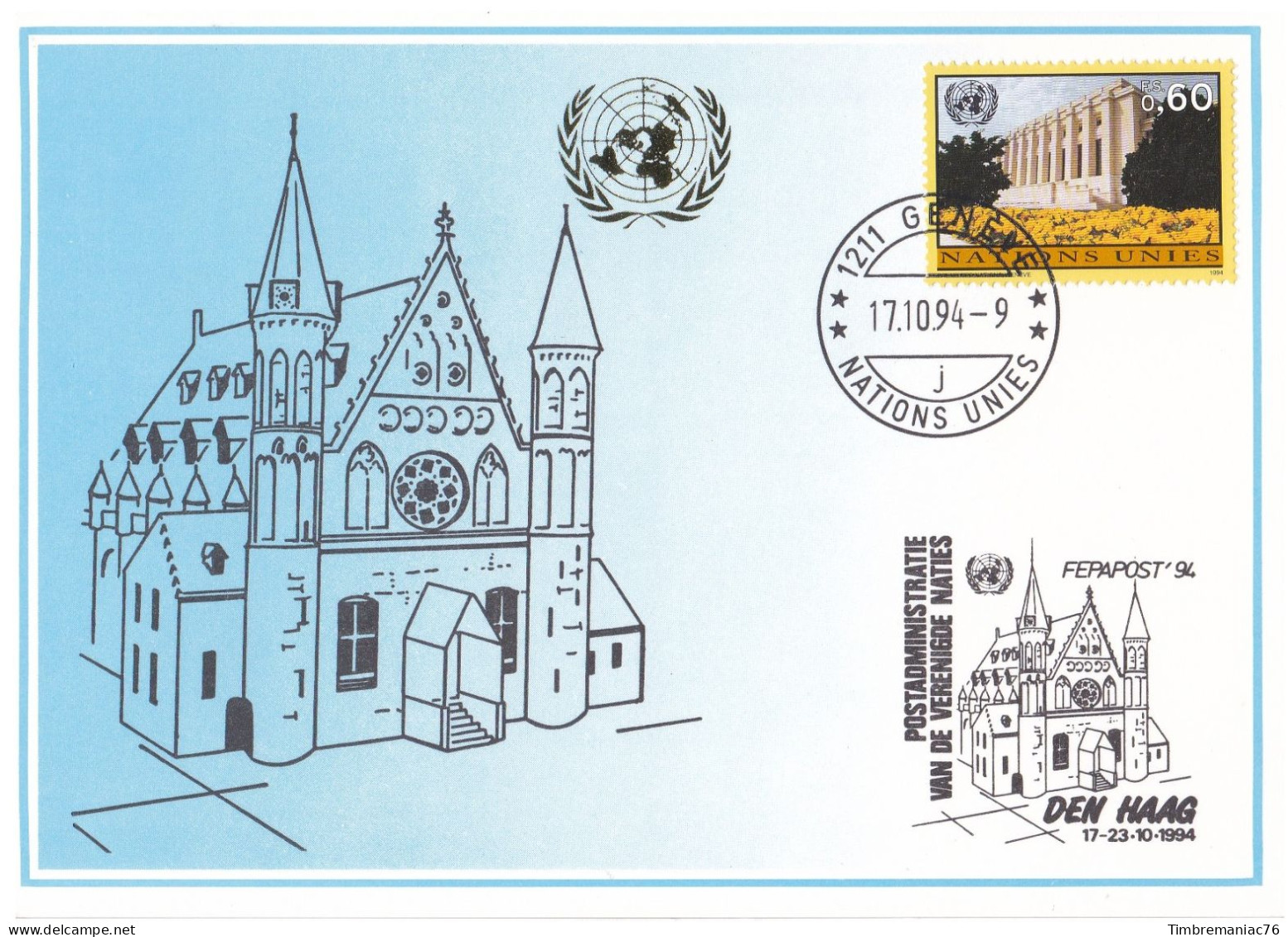 Nations Unies Genève. Carte Postale 1994 YT 276 Oblitéré 1er Jour - Cartes-maximum