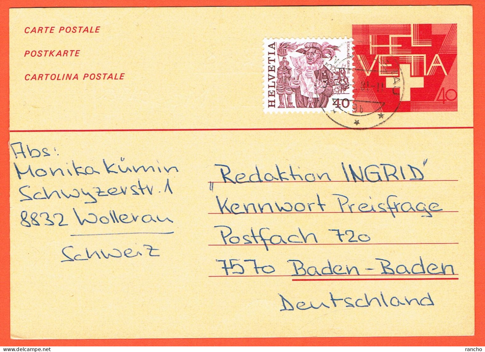 SUISSE CARTE POSTALE . OBLITERE +1xTIMBRE Nr:609. WOLLERAU .5.1.1981. Pour . BADEN-BADEN. ALLEMAGNE . - Entiers Postaux