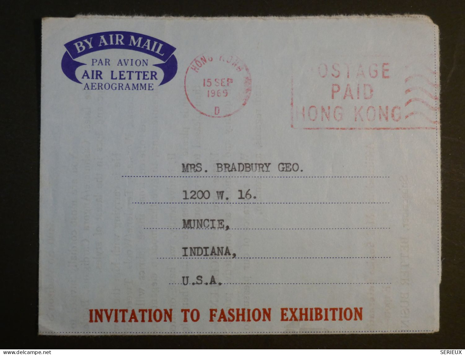 DG15 HONG KONG   BELLE . AIR LETTER   1969 A  INDIANA USA  + GEMINI +AFF.  INTERESSANT+++ - Covers & Documents