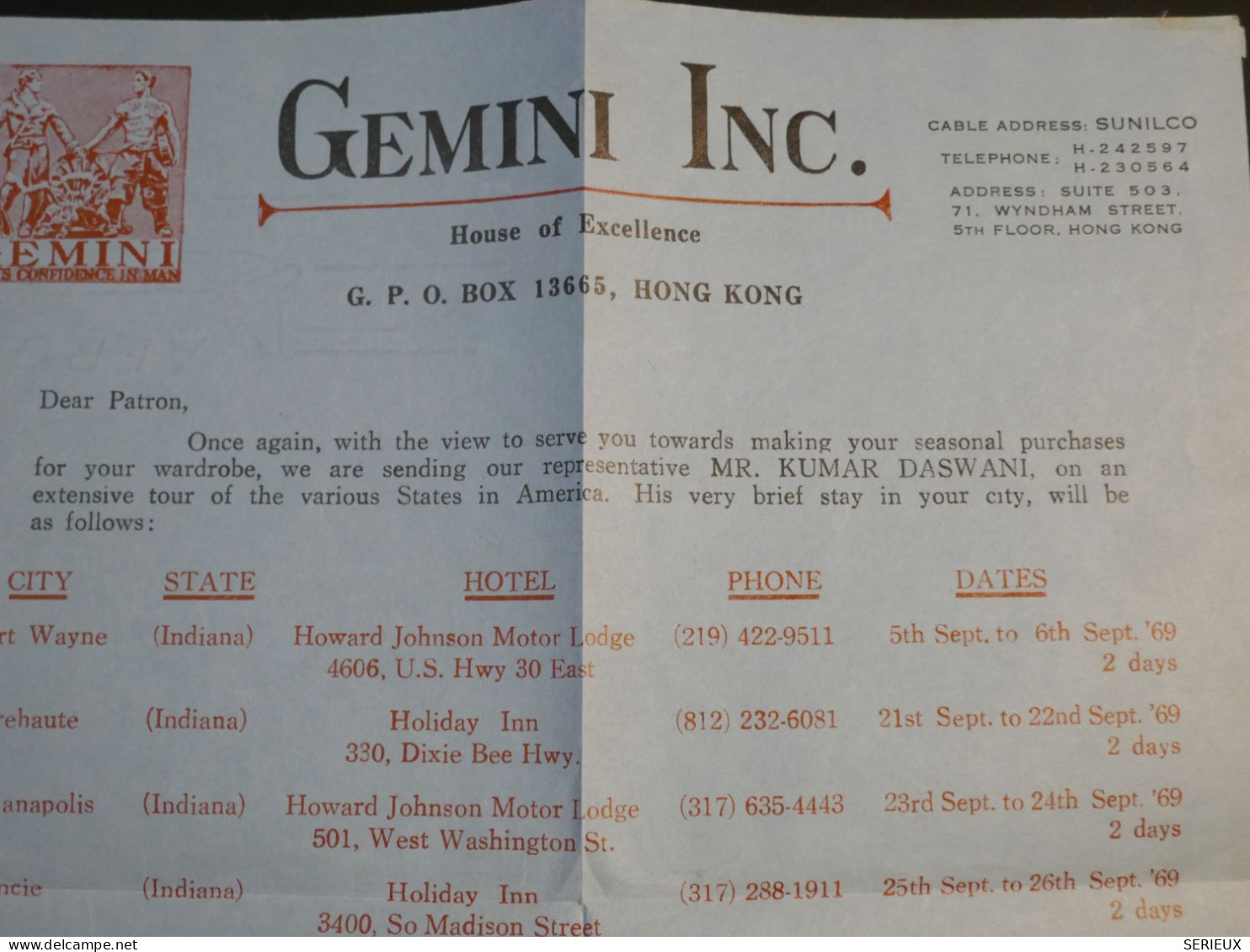 DG15 HONG KONG   BELLE . AIR LETTER   1969 A  INDIANA USA  + GEMINI +AFF.  INTERESSANT+++ - Brieven En Documenten