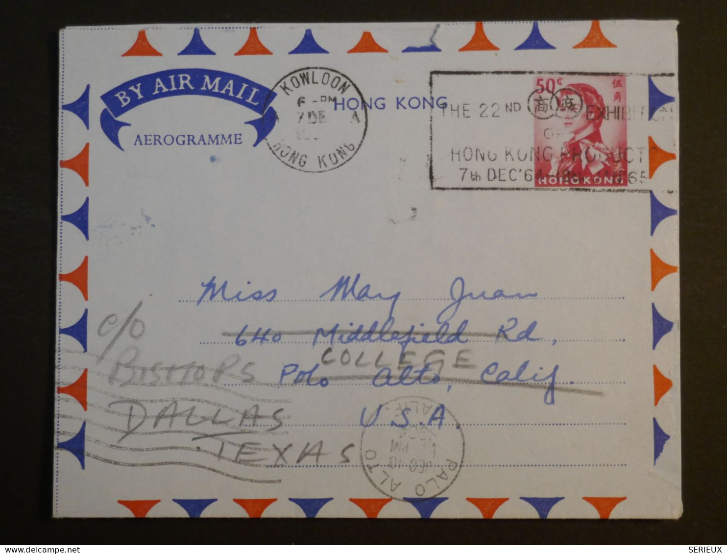 DG15 HONG KONG   BELLE . AIR LETTER   1964 A DALLAS  USA  +  +AFF.  INTERESSANT+++ - Lettres & Documents