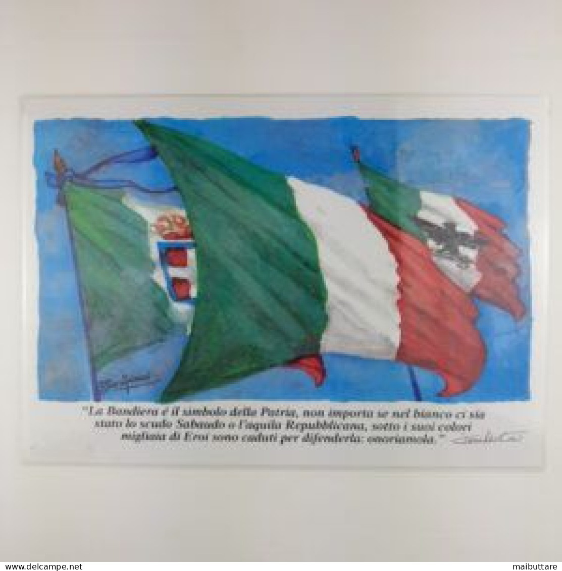 Stampa Plastificata Raffigurante Bandiere Italiane Con Stemma Sabaudo E Aquila Repubblicana - Banderas