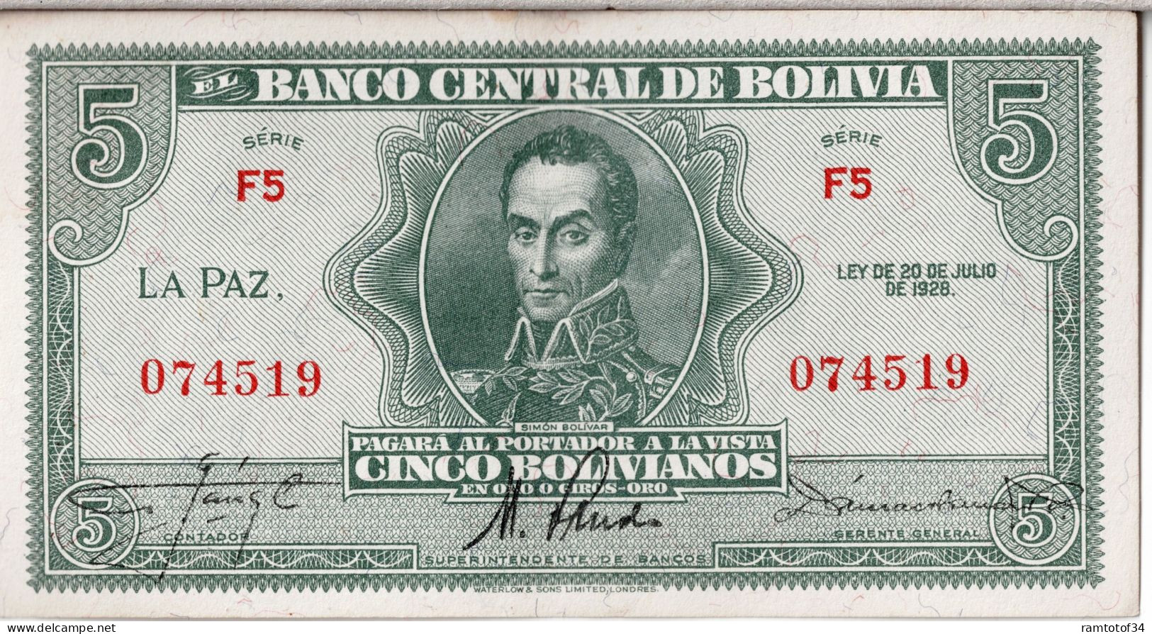 BOLIVIE - 5 Bolivianos 1928 UNC - Bolivie