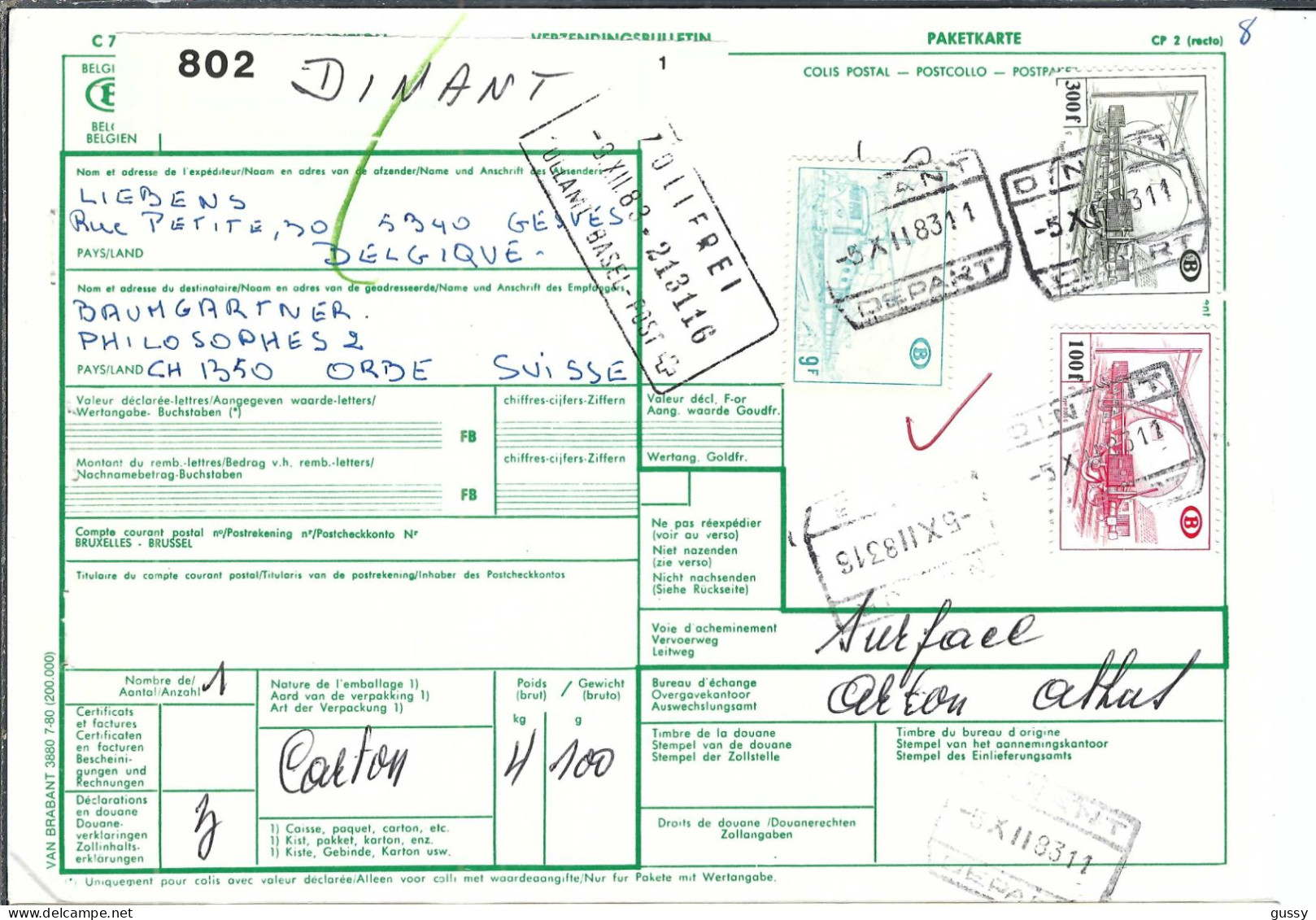 BELGIQUE  Ca.1983: Bulletin D'Expédition De DINANT Pour ORBE (VD, Suisse), CAD D'arrivée Au Dos - Storia Postale