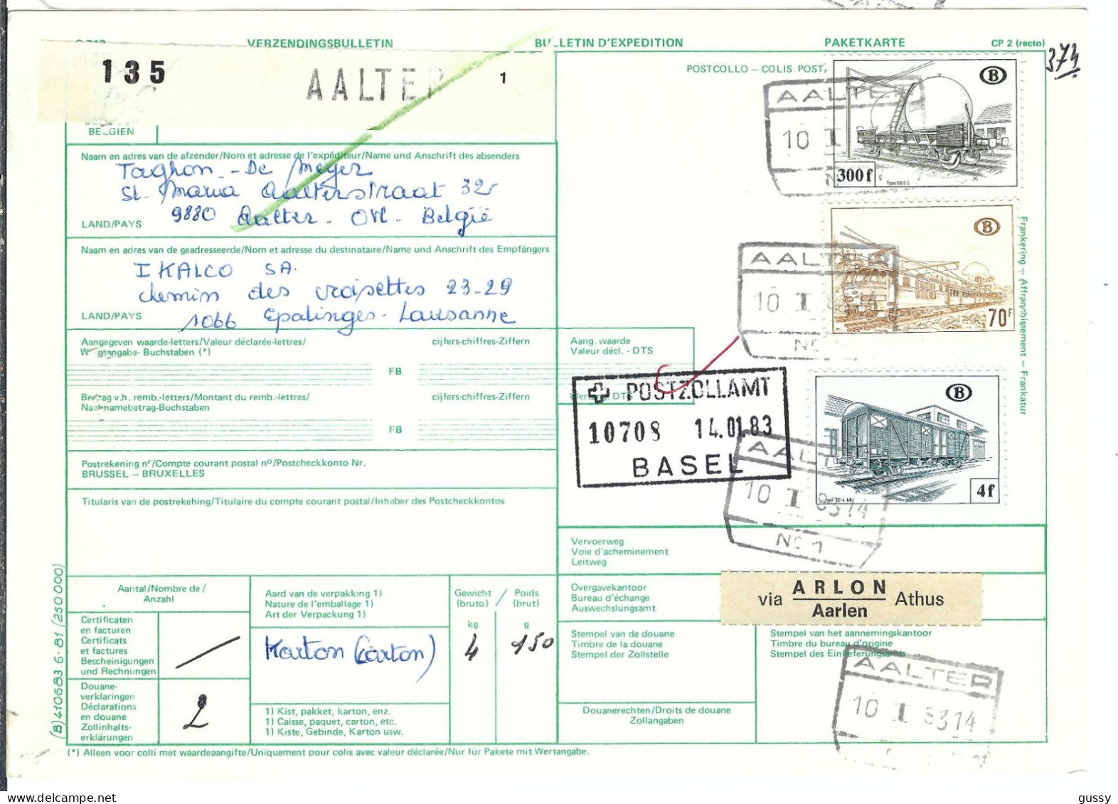 BELGIQUE  Ca.1983: Bulletin D'Expédition De AALTER Pour EPALINGES (VD, Suisse), CAD D'arrivée Au Dos - Storia Postale