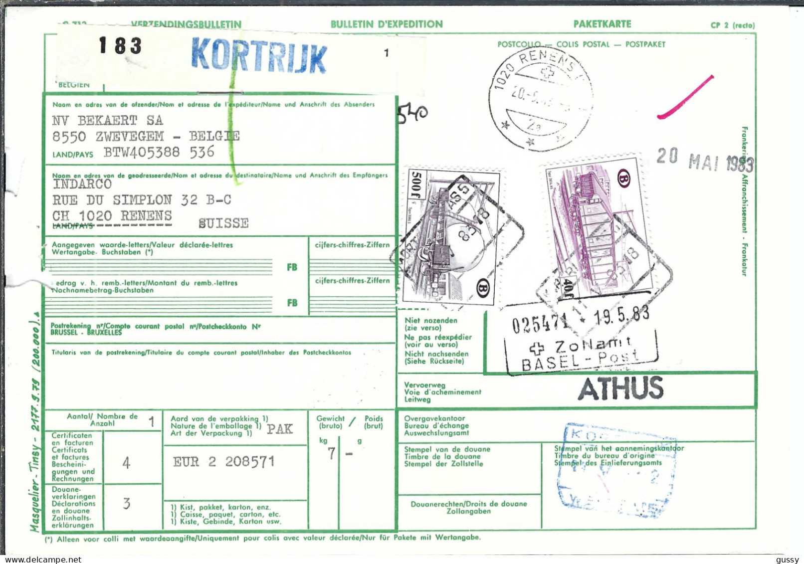BELGIQUE  Ca.1983: Bulletin D'Expédition De COURTRAI Pour RENENS (VD, Suisse), CAD D'arrivée Au Dos - Cartas & Documentos