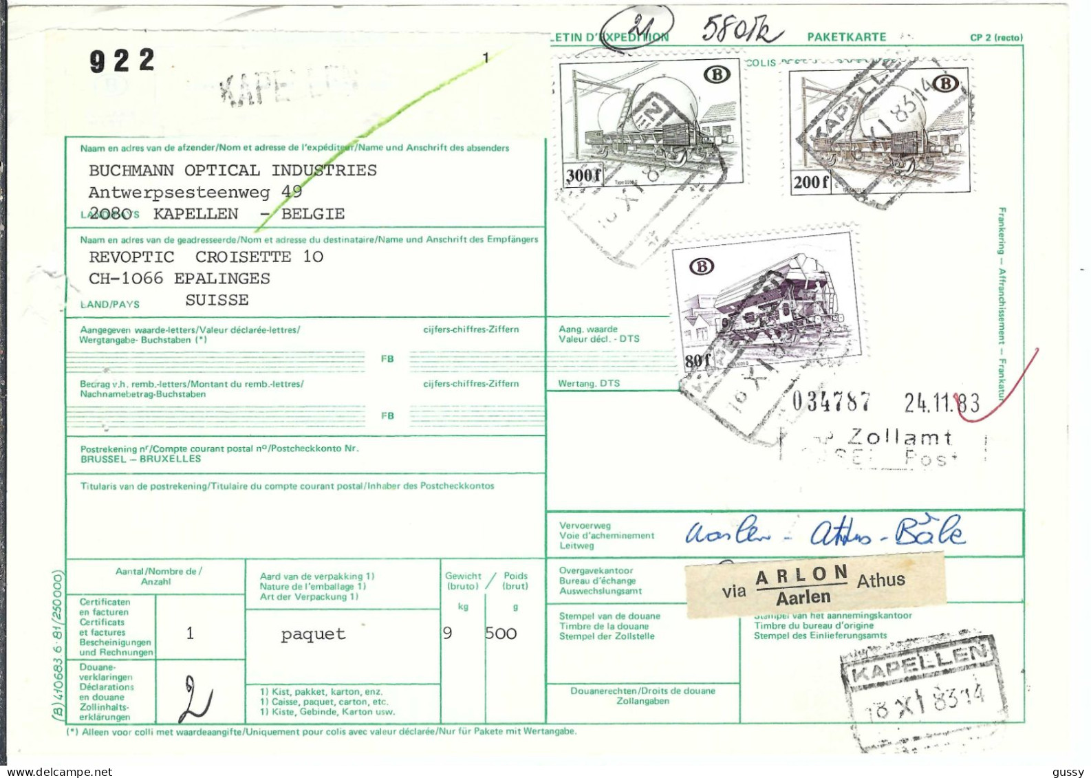 BELGIQUE  Ca.1983: Bulletin D'Expédition De KAPELLEN Pour EPALINGES (VD, Suisse), CAD D'arrivée Au Dos - Brieven En Documenten