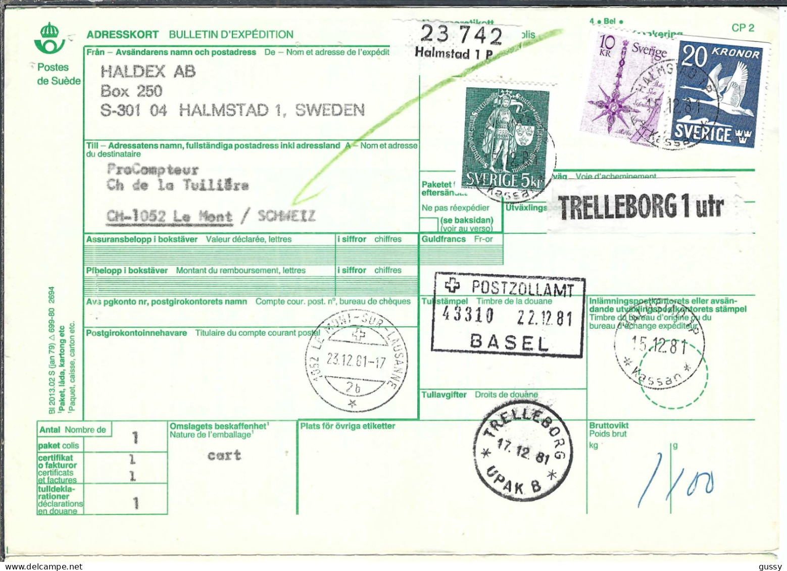 SUEDE  Ca.1981: Bulletin D'Expédition De HALMSTAD Pour LE MONT (VD, Suisse), CAD D'arrivée Au Dos - Brieven En Documenten
