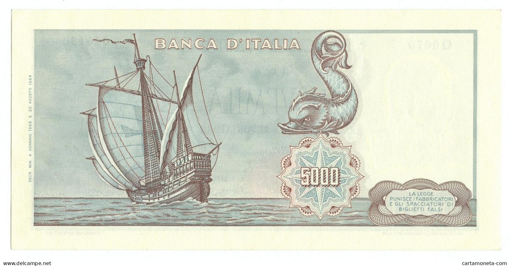 5000 LIRE CRISTOFORO COLOMBO I TIPO MEDUSA 04/01/1968 SUP- - Other & Unclassified