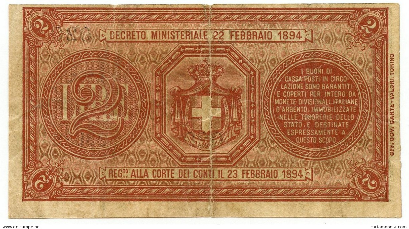 2 LIRE BUONO DI CASSA EFFIGE UMBERTO I 22/02/1894 BB - Regno D'Italia - Altri