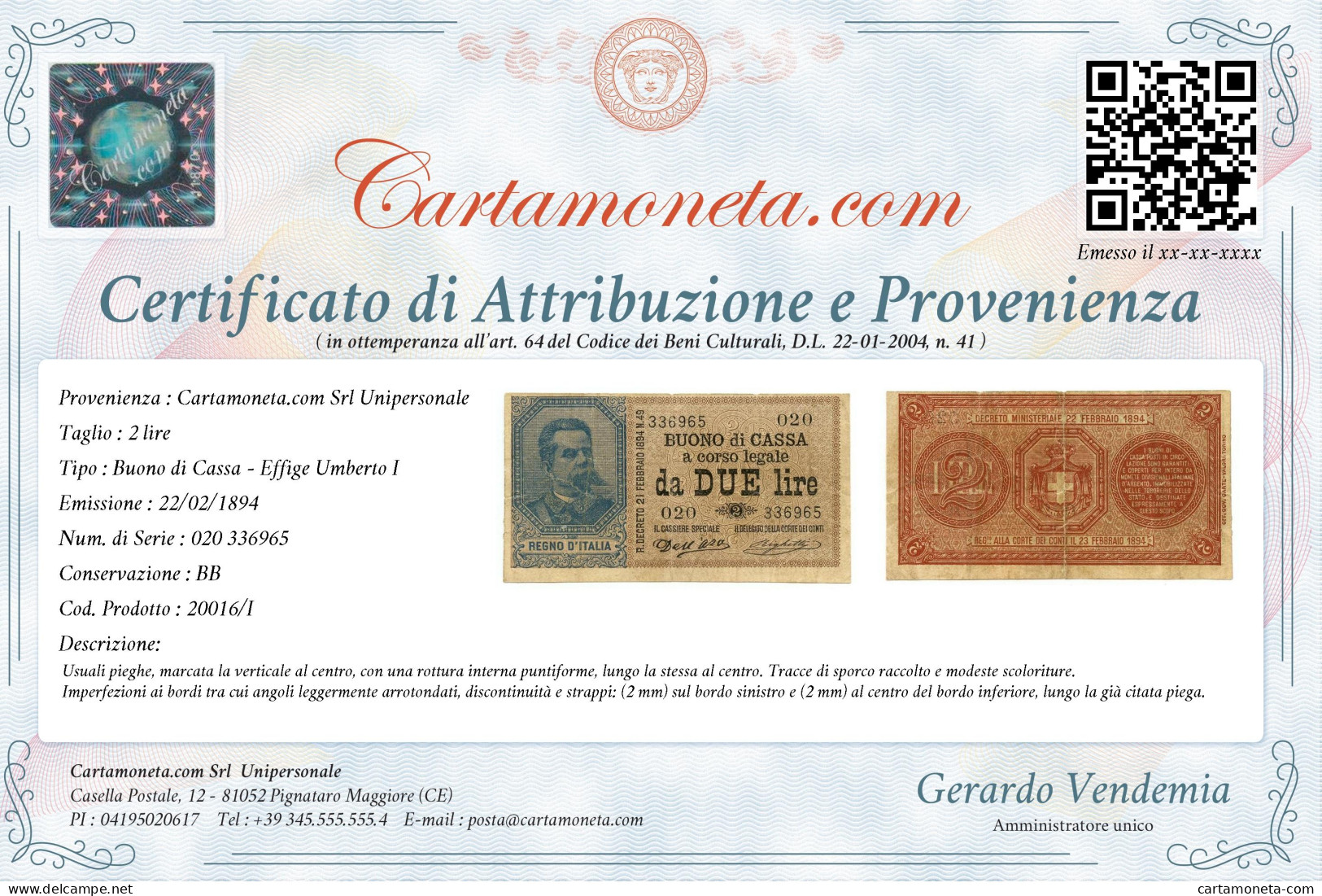 2 LIRE BUONO DI CASSA EFFIGE UMBERTO I 22/02/1894 BB - Regno D'Italia – Other