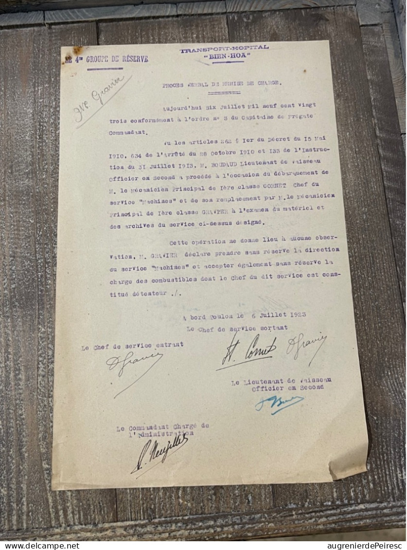 Procès Verbal De Remise De Charge Du Transport Hôpital « Bien-Hoa » 1923 Toulon - Schiffe