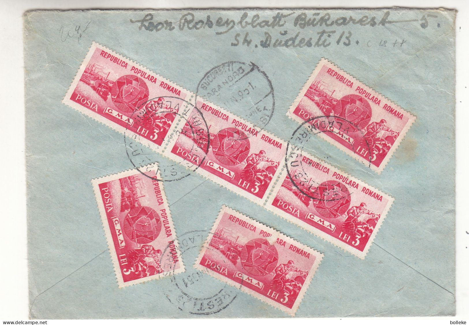 Roumanie - Lettre De 1951 - Oblit Bucuresti - Exp Vers Bruxelles - Valeur 18 € ++ - Storia Postale