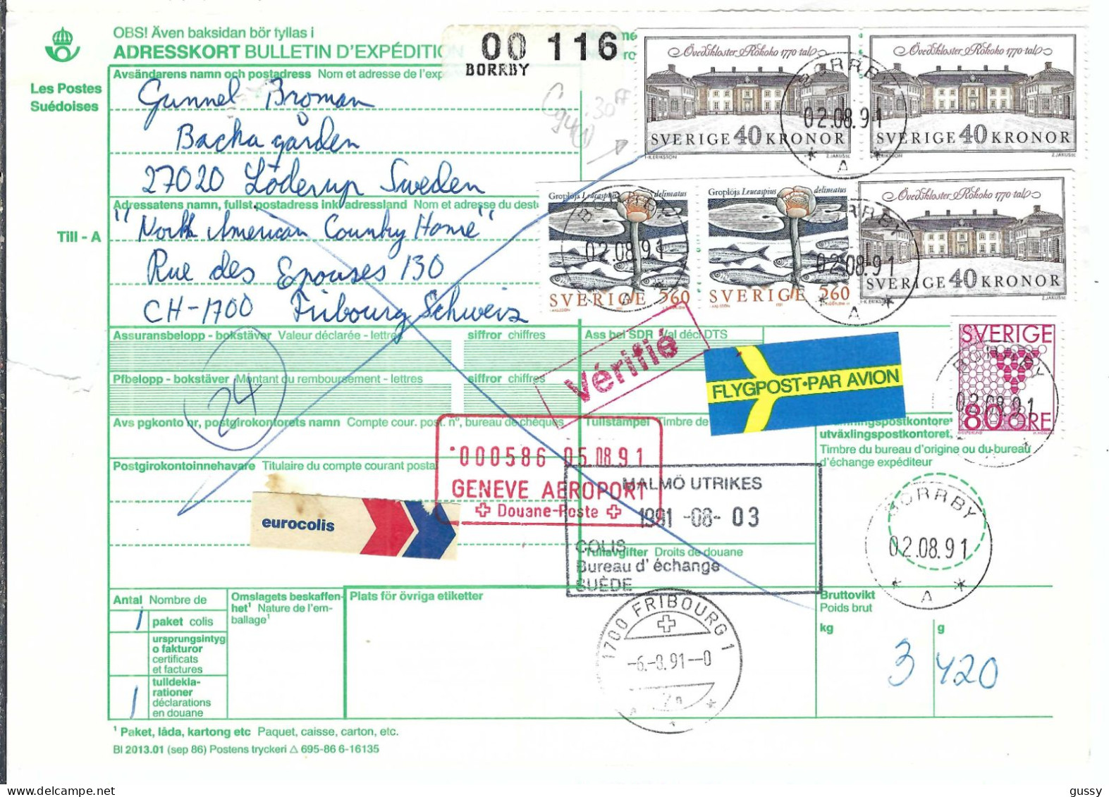 SUEDE  Ca.1991: Bulletin D'Expédition De BORRBY Pour FRIBOURG (FR, Suisse), CAD D'arrivée - Briefe U. Dokumente