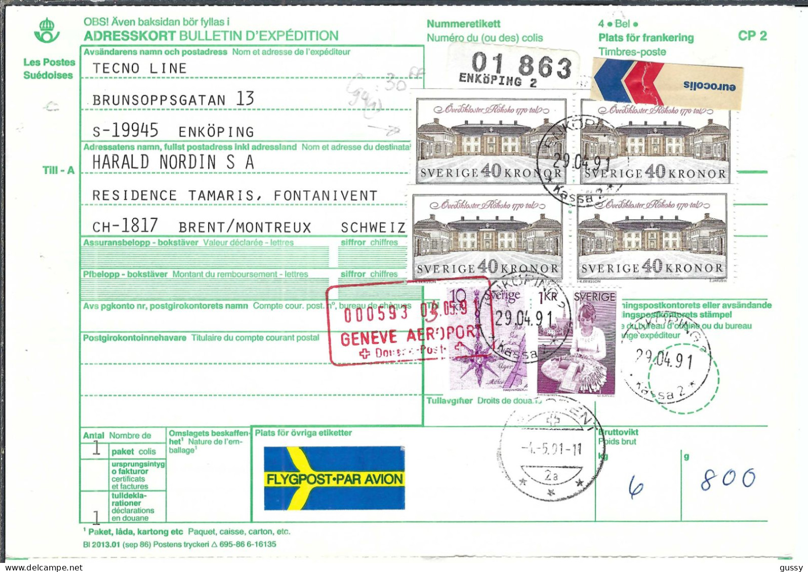SUEDE  Ca.1991: Bulletin D'Expédition De ENKOPING Pour BRENT (VD, Suisse), CAD D'arrivée - Covers & Documents