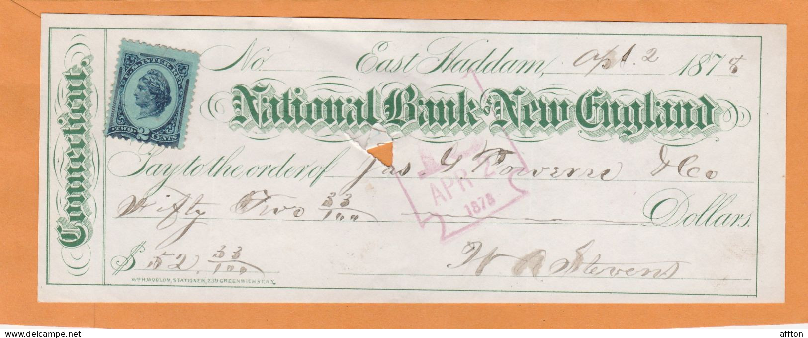 United States Old Check Cheques - Cheques & Traveler's Cheques