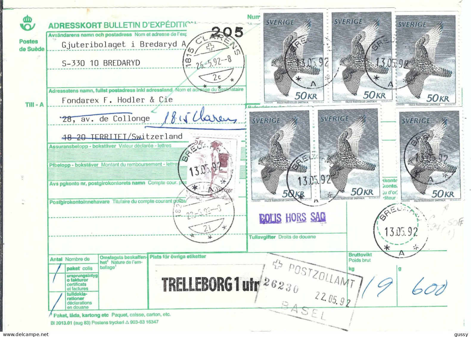 SUEDE  Ca.1991: Bulletin D'Expédition De BREDARYD Pour CLARENS (VD, Suisse), CAD D'arrivée - Briefe U. Dokumente