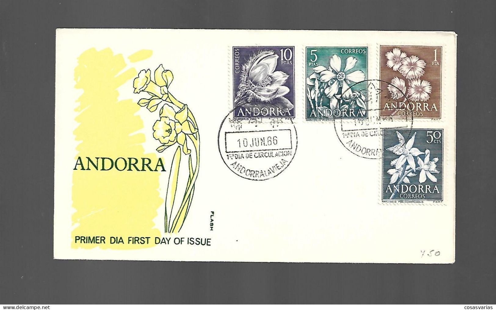 ANDORRA SOBRE PRIMER DIA CIRCULACIÓN 10 JUNIO 1966 FIRST DAY OF ISSUE PREMIER JOUR EMISSION - Brieven En Documenten