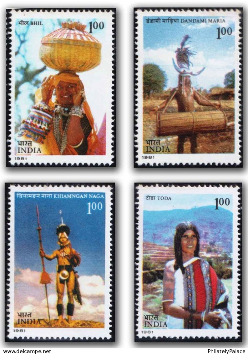 India 1981 Tribe, Woman, Drummer, Drum, Music, Spike,Khaimngan Naga,Dandami Maria,Set Of 4v, MNH (**) Inde Indien - Ungebraucht