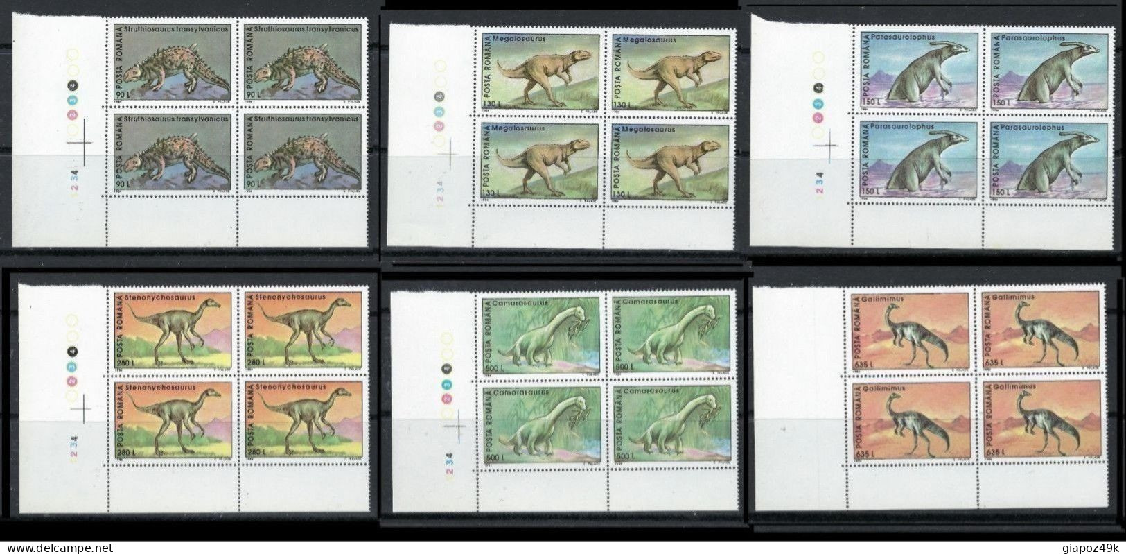 ● ROMANIA 1994 ֍ Animali Preistorici ֍ Dinosauro . .  ● N. 4153 / 58  ** X 4 ● Serie Completa ● Lotto N. 2260 ● - Nuovi