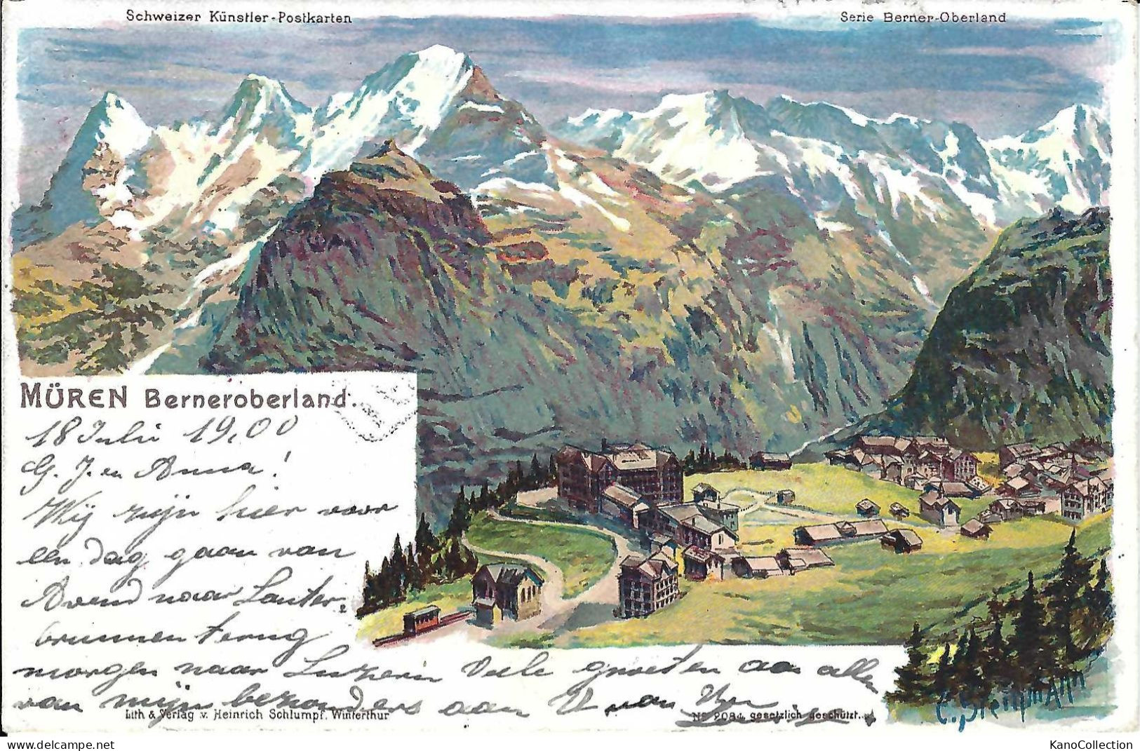 Müren, Berneroberland, Lithografie, Gelaufen - Mürren